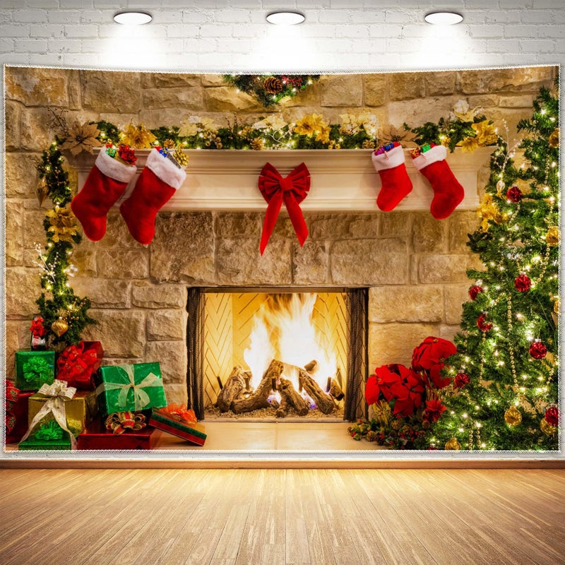 Haboke 7x5ft Christmas Fireplace Theme Backdrop for Photography Tree Sock Decorations for Xmas Party Supplies Photo Background Pictures Banner Studio Decor Booth Props - Image 1